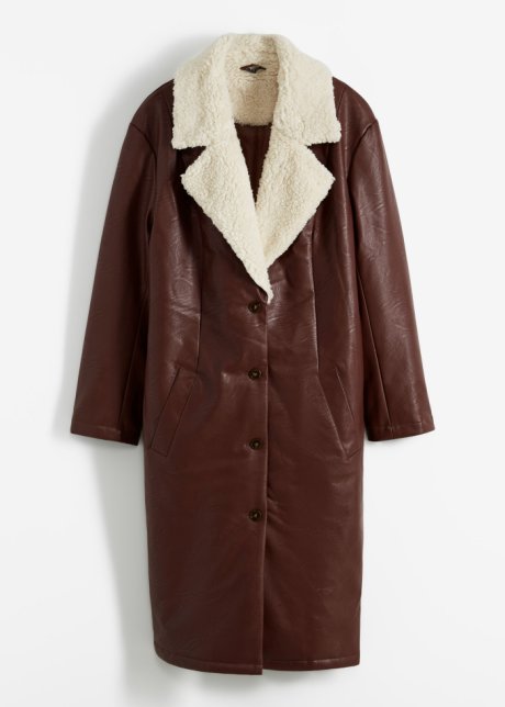 Wattierter Lederimitat-Mantel mit Teddyfell am Kragen in braun von vorne - bpc bonprix collection