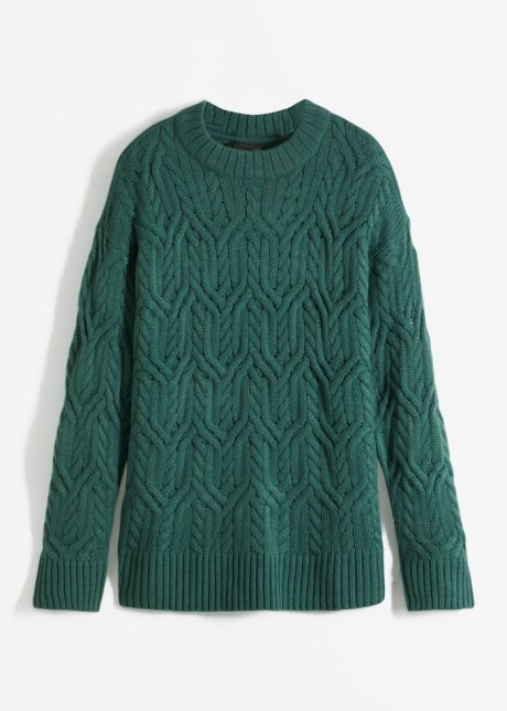 Rundhals-Pullover mit Zopfmuster  in grün von vorne - bpc bonprix collection