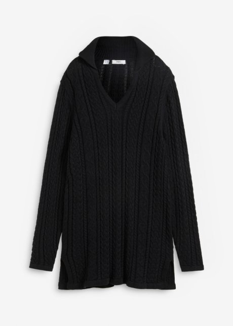 Weiter Baumwoll-Pullover mit Polokragen in schwarz von vorne - bpc bonprix collection