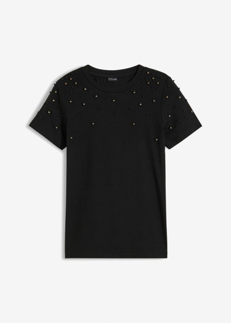 Shirt mit Perlen-Applikation in schwarz von vorne - BODYFLIRT