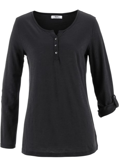 Leichtes Baumwoll Langarm-Shirt mit Knopfleiste in schwarz von vorne - bpc bonprix collection