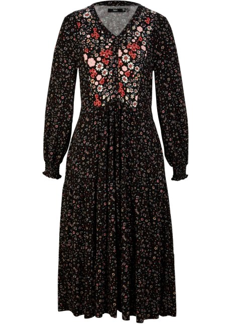 Jerseykleid aus Viskose mit Bindeband, mittellang in schwarz von vorne - bpc bonprix collection
