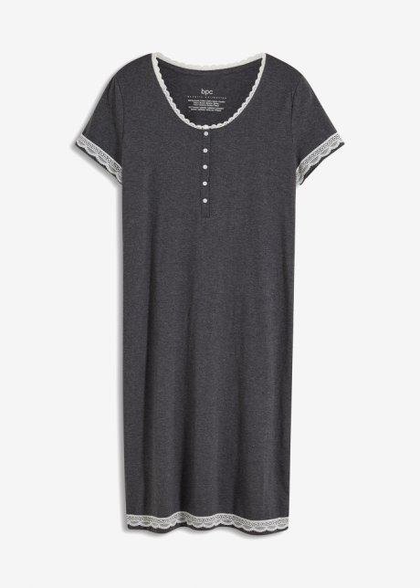 Nachtkleid mit  Knopfleiste und Spitze in grau von vorne - bpc bonprix collection