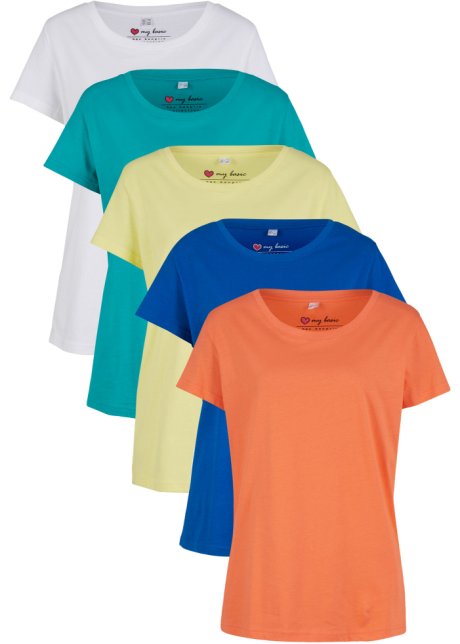 Rundhals-Shirt, Kurzarm (5er Pack) in orange von vorne - bpc bonprix collection