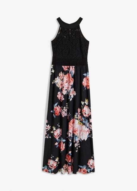 Sommer-Maxikleid mit Blumen-Print und Spitze in schwarz von vorne - BODYFLIRT boutique