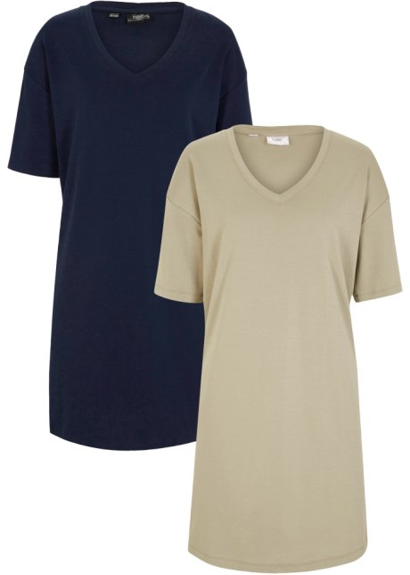T-Shirtkleid mit V-Ausschnitt, oversize (2er Pack) in blau von vorne - bpc bonprix collection