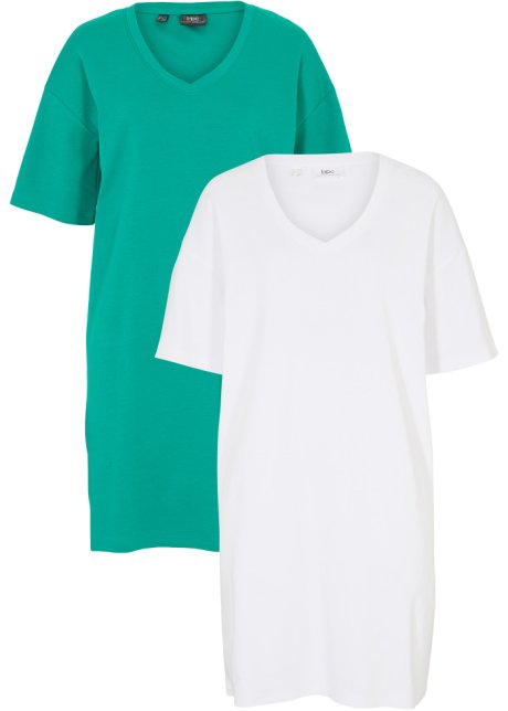 T-Shirtkleid mit V-Ausschnitt, oversize (2er Pack) in grün von vorne - bpc bonprix collection