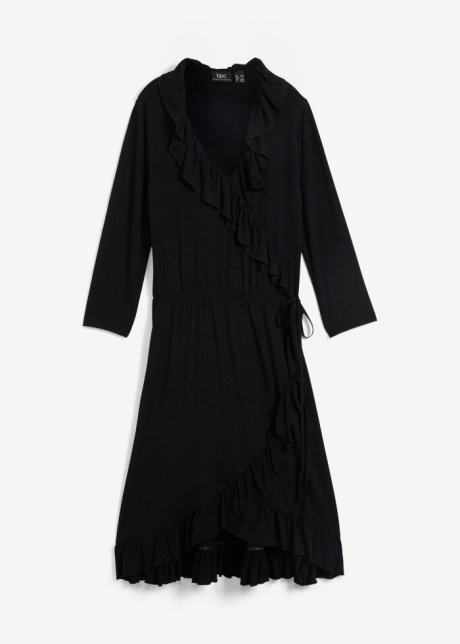 Jersey- Viskosekleid mit Volant am Ausschnitt in schwarz von vorne - bpc bonprix collection