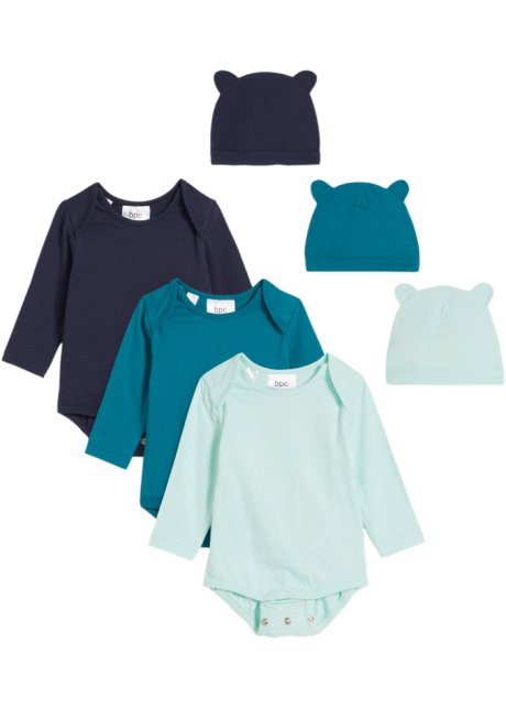 Baby Mitwachs-Body mit Mütze aus Bio-Baumwolle (3er Pack) in blau von vorne - bpc bonprix collection