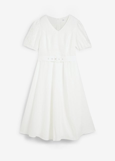 Kleid aus reinem Leinen mit Lochstickerei und Gürtel  in weiß von vorne - bonprix PREMIUM