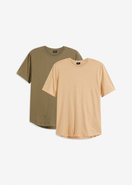 Längeres T-Shirt mit rundem Saum (2er Pack) aus Bio Baumwolle in beige von vorne - bpc bonprix collection