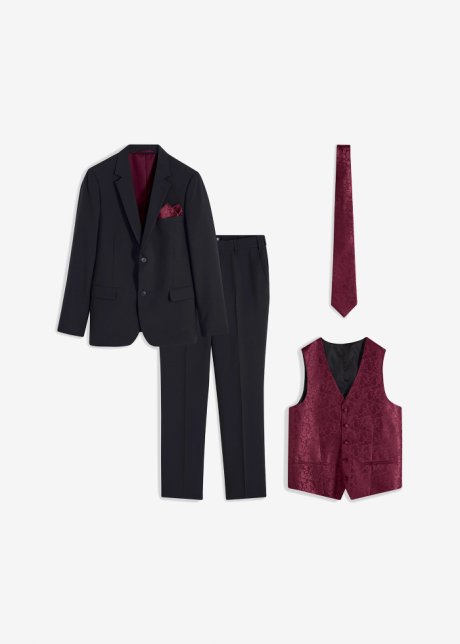 Hochzeitsanzug Slim Fit (5-tlg.Set): Sakko, Hose, Weste, Krawatte, Einstecktuch in schwarz von vorne - bpc selection