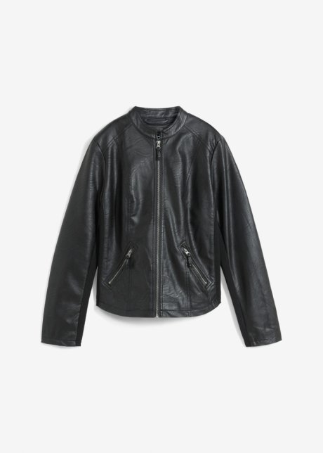 Leichte Lederimitat-Jacke mit seitlichen Stretcheinsätzen, tailliert in schwarz von vorne - bpc bonprix collection
