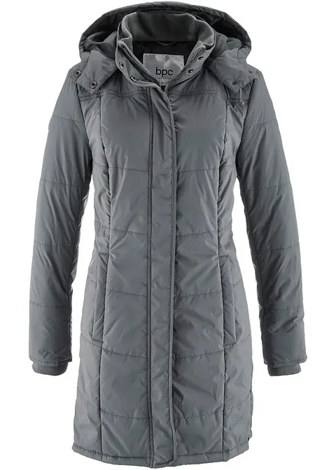 Long-Steppjacke, wattiert mit Kragen und Kapuze in grau von vorne - bonprix Long-Steppjacke, wattiert mit Kragen und Kapuze in grau von vorne - bonprix