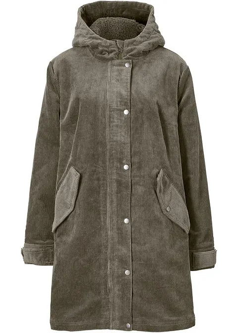 Warmer Cord-Parka mit Teddy-Futter in der Kapuze, in A-Linie in grün von vorne - bonprix Warmer Cord-Parka mit Teddy-Futter in der Kapuze, in A-Linie in grün von vorne - bonprix