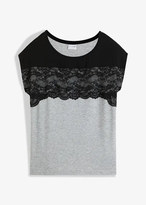 Shirt mit Spitze in schwarz von vorne - BODYFLIRT Shirt mit Spitze in schwarz von vorne - BODYFLIRT