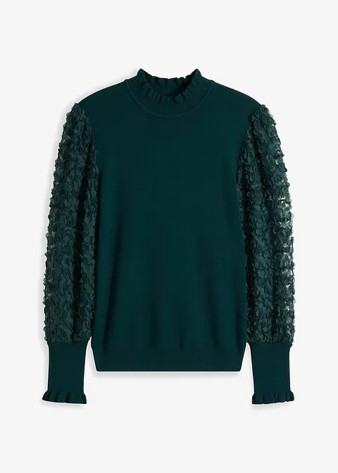 Rollkragenpullover mit dekorativen Chiffonärmeln in grün von vorne - bonprix Rollkragenpullover mit dekorativen Chiffonärmeln in grün von vorne - bonprix