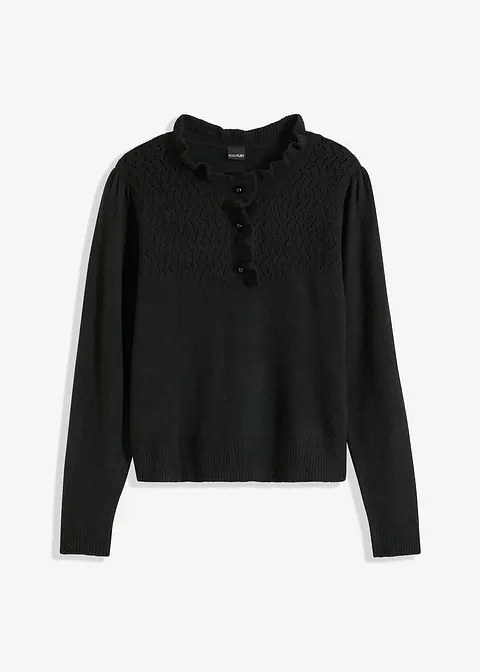 Ajour-Pullover mit Rüschen in schwarz von vorne - bonprix Ajour-Pullover mit Rüschen in schwarz von vorne - bonprix