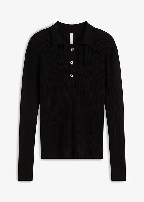 Polo-Strickshirt mit Schmuck-Knöpfen in schwarz von vorne - bonprix Polo-Strickshirt mit Schmuck-Knöpfen in schwarz von vorne - bonprix
