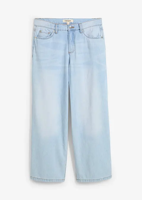 Baggy-Jeans Mid Waist Super Soft, cropped in blau von vorne - bonprix Baggy-Jeans Mid Waist Super Soft, cropped in blau von vorne - bonprix
