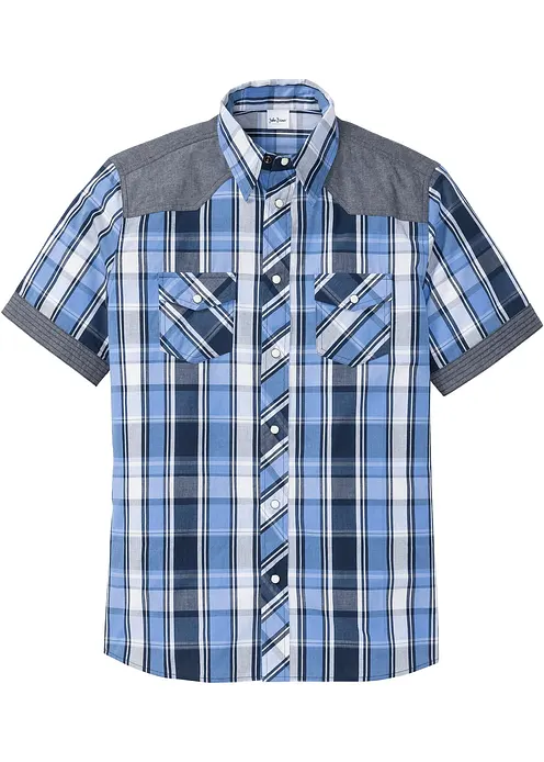 Kurzarmhemd mit Denim-Besatz in blau von vorne - bonprix Kurzarmhemd mit Denim-Besatz in blau von vorne - bonprix