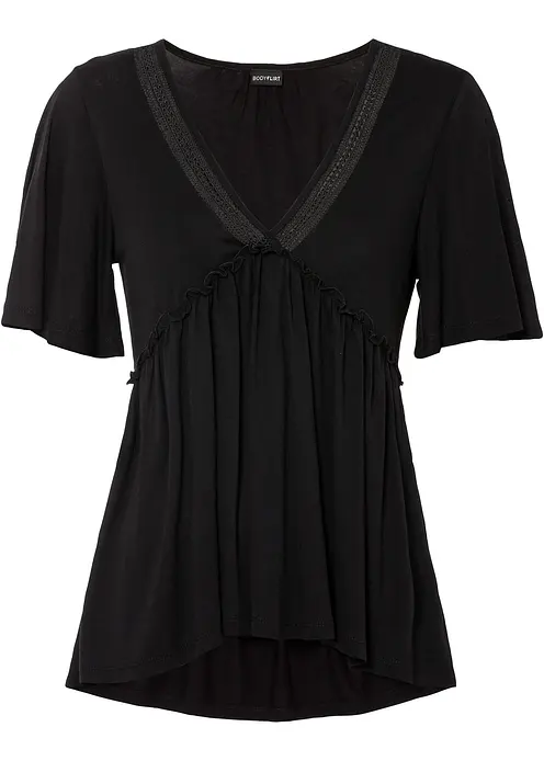 Boho-Shirt mit Spitze in schwarz von vorne - BODYFLIRT Boho-Shirt mit Spitze in schwarz von vorne - BODYFLIRT