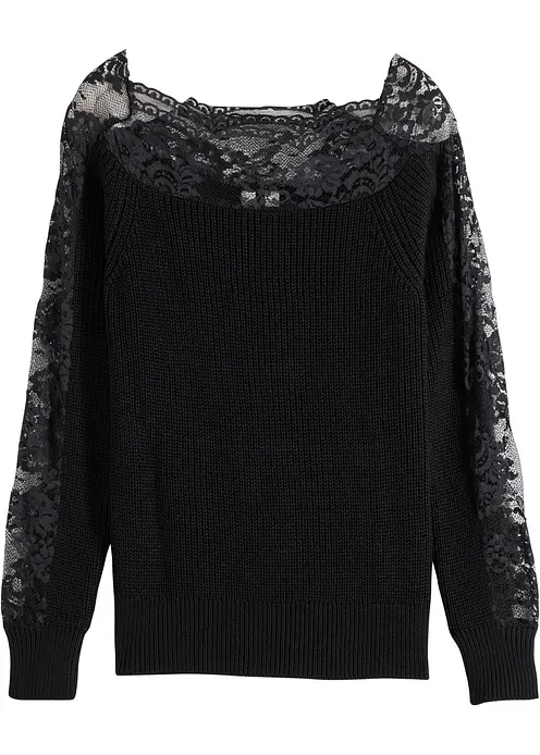 Pullover mit Spitze in schwarz von vorne - bonprix Pullover mit Spitze in schwarz von vorne - bonprix