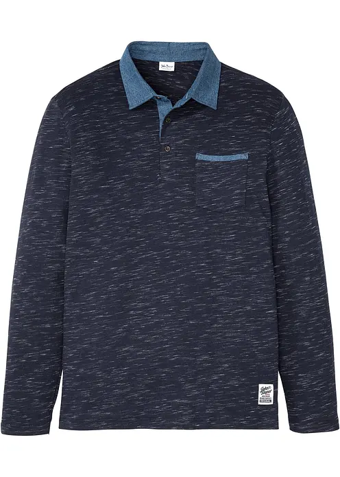 Poloshirt mit gewebtem Kragen, Langarm in blau von vorne - bonprix Poloshirt mit gewebtem Kragen, Langarm in blau von vorne - bonprix