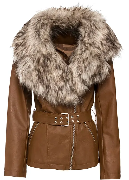 Lederimitat-Jacke mit Fellimitatkragen in braun von vorne - bonprix Lederimitat-Jacke mit Fellimitatkragen in braun von vorne - bonprix