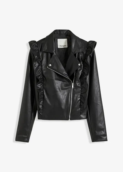 Lederimitat-Jacke mit Volants in schwarz von vorne - bonprix Lederimitat-Jacke mit Volants in schwarz von vorne - bonprix