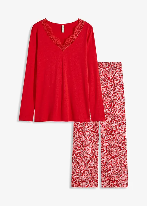 Pyjama mit weitem Bein aus softem Viskose-Mix in rot von vorne - bonprix Pyjama mit weitem Bein aus softem Viskose-Mix in rot von vorne - bonprix