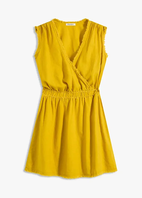 Kleid mit Fransendetail und Leinenanteil in gelb von vorne - bonprix Kleid mit Fransendetail und Leinenanteil in gelb von vorne - bonprix