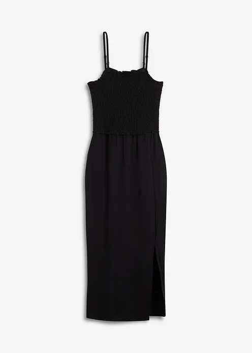 Midikleid aus festem Jersey mit Smockeinsatz und Schlitz in schwarz von vorne - bonprix Midikleid aus festem Jersey mit Smockeinsatz und Schlitz in schwarz von vorne - bonprix