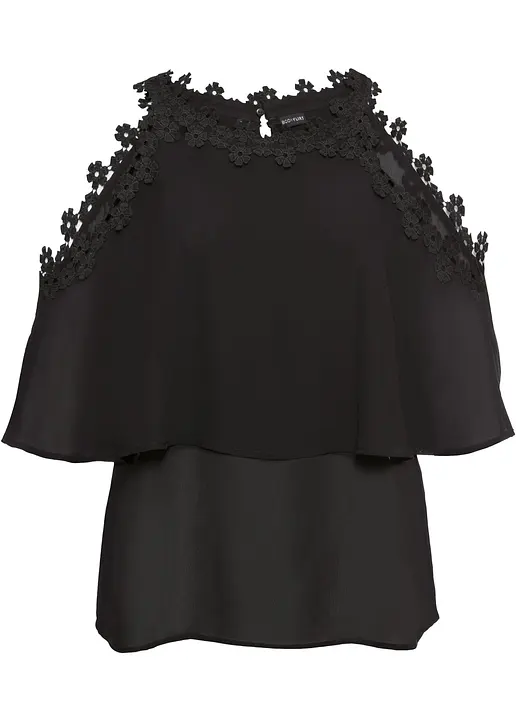 Cold-Shoulder-Bluse mit Spitze in schwarz von vorne - BODYFLIRT Cold-Shoulder-Bluse mit Spitze in schwarz von vorne - BODYFLIRT