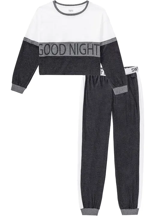 Pyjama mit verkürztem Langarmshirt in grau von vorne - bpc bonprix collection Pyjama mit verkürztem Langarmshirt in grau von vorne - bpc bonprix collection