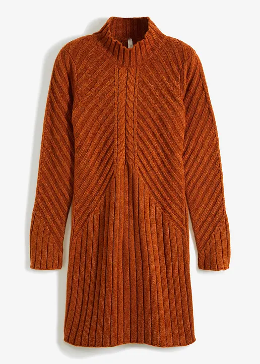 Strickkleid mit Rippmuster und Stehkragen in braun von vorne - bonprix Strickkleid mit Rippmuster und Stehkragen in braun von vorne - bonprix