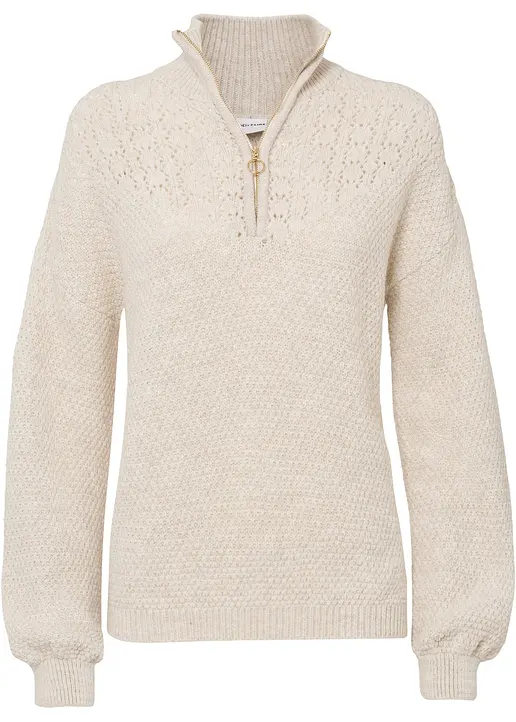 Troyer Pullover mit Ajourmuster in beige von vorne - bonprix Troyer Pullover mit Ajourmuster in beige von vorne - bonprix