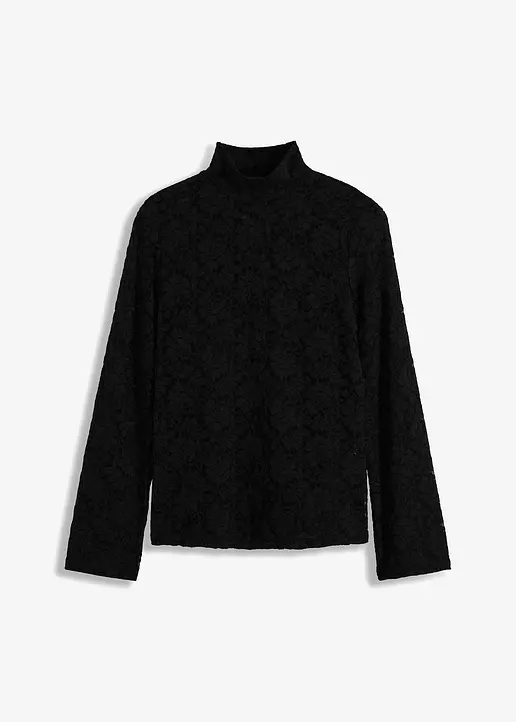 Langarmshirt aus Spitze in schwarz von vorne - bonprix Langarmshirt aus Spitze in schwarz von vorne - bonprix