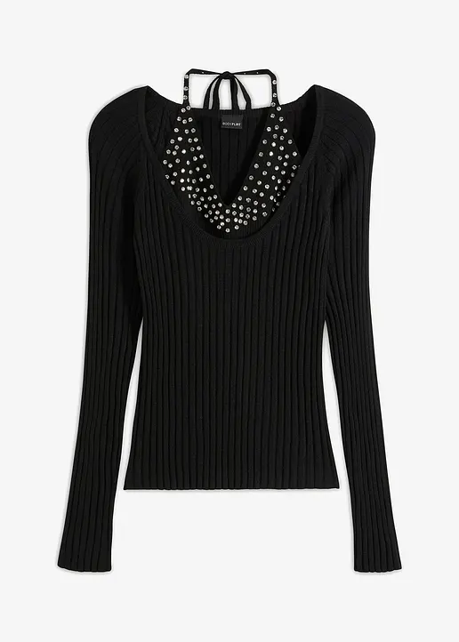 Rippshirt mit Glitzersteinen in schwarz von vorne - bonprix Rippshirt mit Glitzersteinen in schwarz von vorne - bonprix