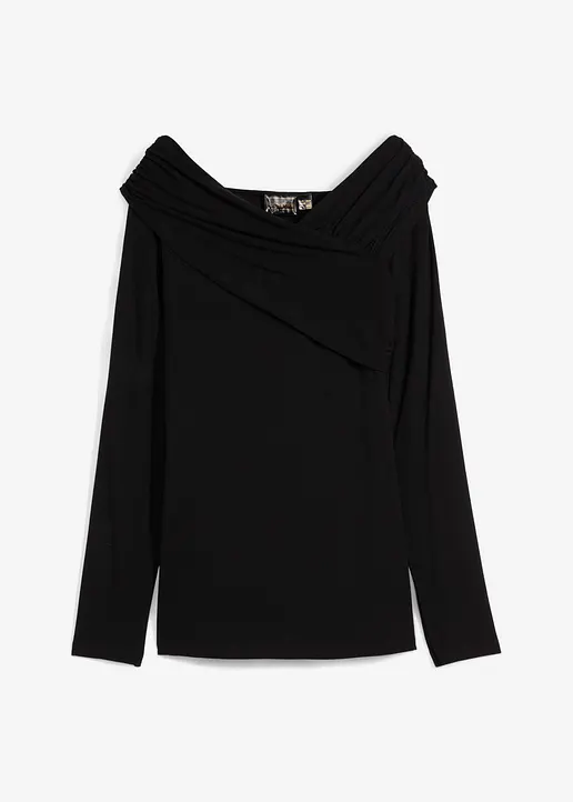 Langarmshirt mit Schalkragen in schwarz von vorne - bonprix Langarmshirt mit Schalkragen in schwarz von vorne - bonprix