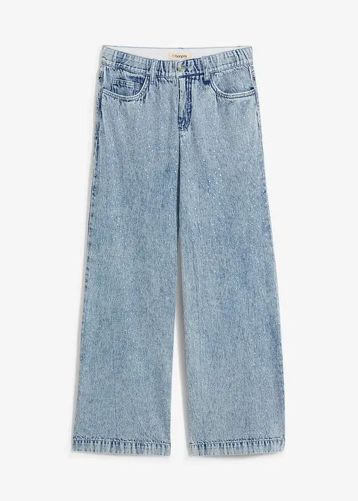 Wide-Leg-Jeans Mid Waist Bequembund mit Strass in blau von vorne - bonprix Wide-Leg-Jeans Mid Waist Bequembund mit Strass in blau von vorne - bonprix