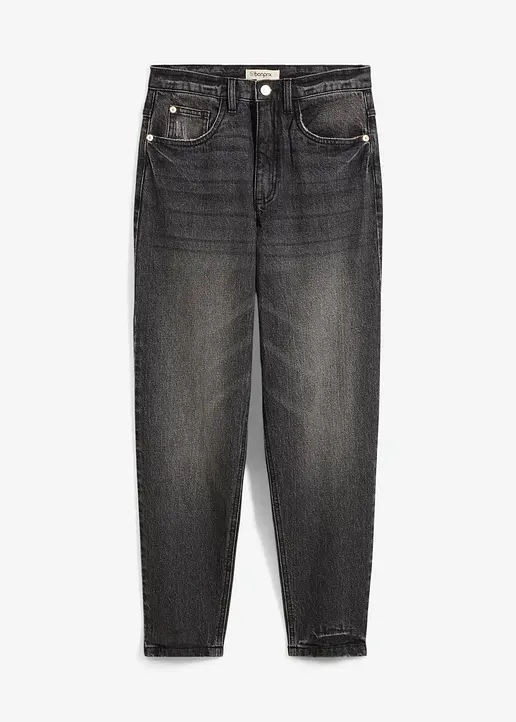 Mom Jeans High Waist, Low Stretch cropped in schwarz von vorne - bonprix Mom Jeans High Waist, Low Stretch cropped in schwarz von vorne - bonprix