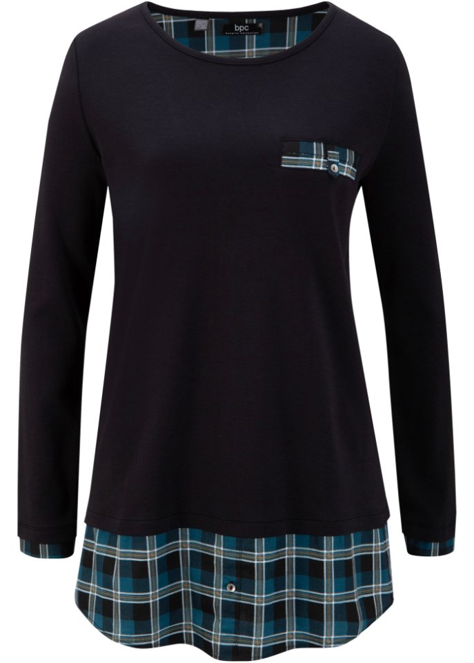 Baumwoll-Shirt mit Karo-Einsatz  in schwarz von vorne - bpc bonprix collection