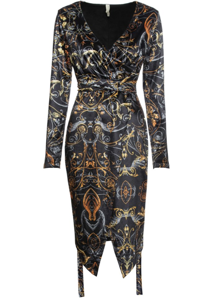 Samt Wickelkleid mit Muster in schwarz von vorne - BODYFLIRT boutique
