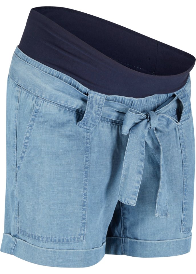 Umstandsshort mit  Leinen in Jeans-Optik in blau von der Seite - bpc bonprix collection