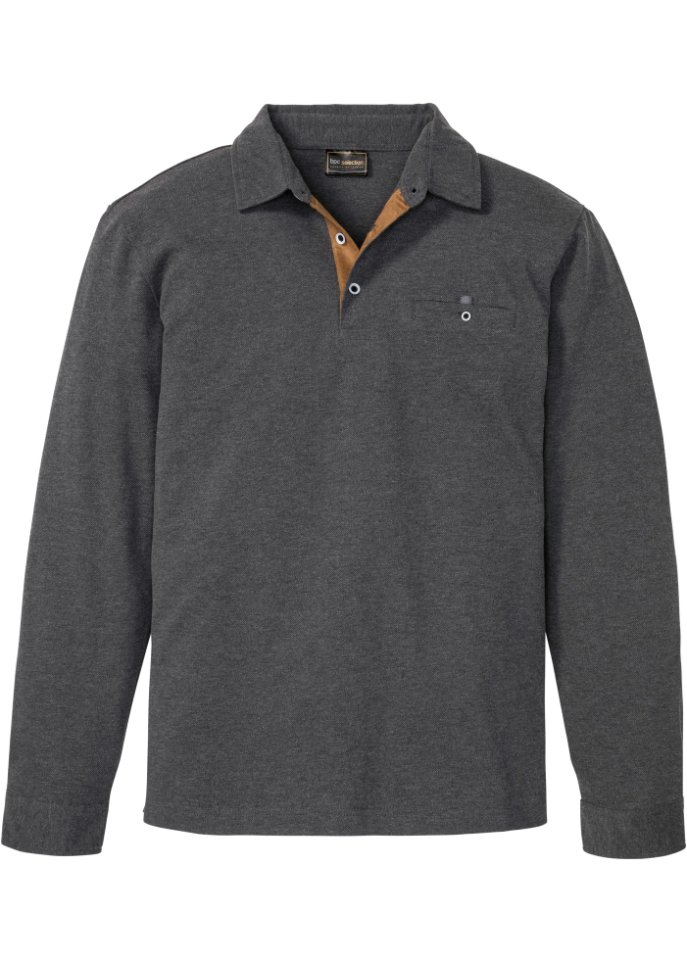 Piqué-Poloshirt, Langarm in grau von vorne - bpc selection