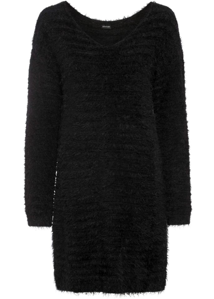 Flauschiger Long-Pullover in schwarz von vorne - BODYFLIRT