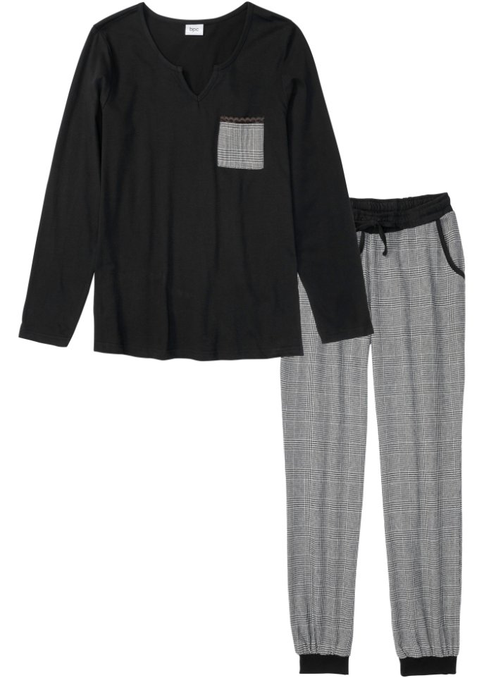 Pyjama mit Flanellhose in schwarz von vorne - bpc bonprix collection