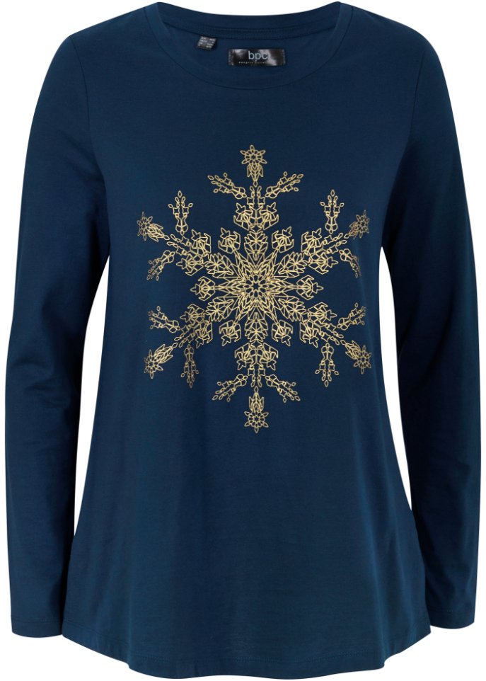 Baumwoll Langarmshirt mit metallischem Schneeflocken Druck in blau von vorne - bpc bonprix collection