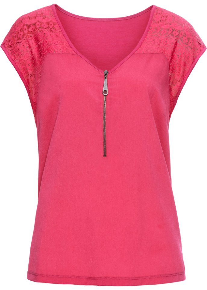 Shirt mit Spitzeneinsatz in pink von vorne - BODYFLIRT